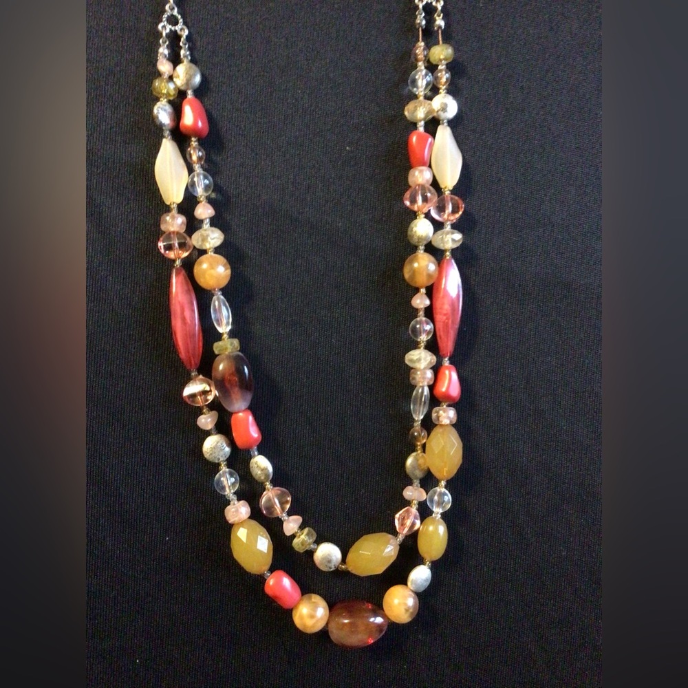 Vintage long Beaded Necklace in coral, Orange, tan, silver & golden color beads